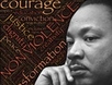 A graphic featuring a black and white image of Dr. Martin Luther King Jr. with a collection of words including: education, compassion, nonviolence, equity, justice.