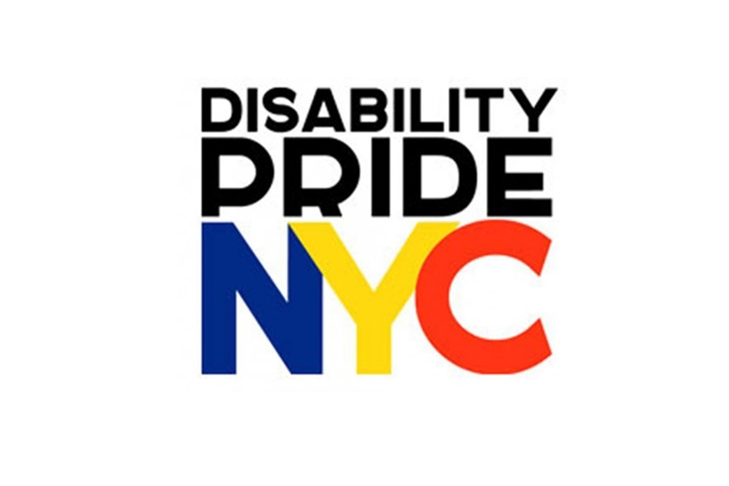 Disability Pride Parade NYC logo. Letters NYC are in blue, yellow and red.