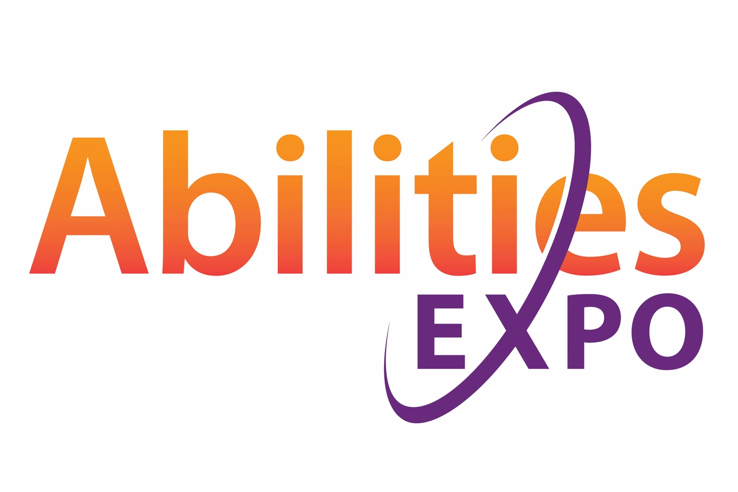 An image of the following words in orange and purple colors, Abilities Expo. There is an incomplete disc running through and around the words.