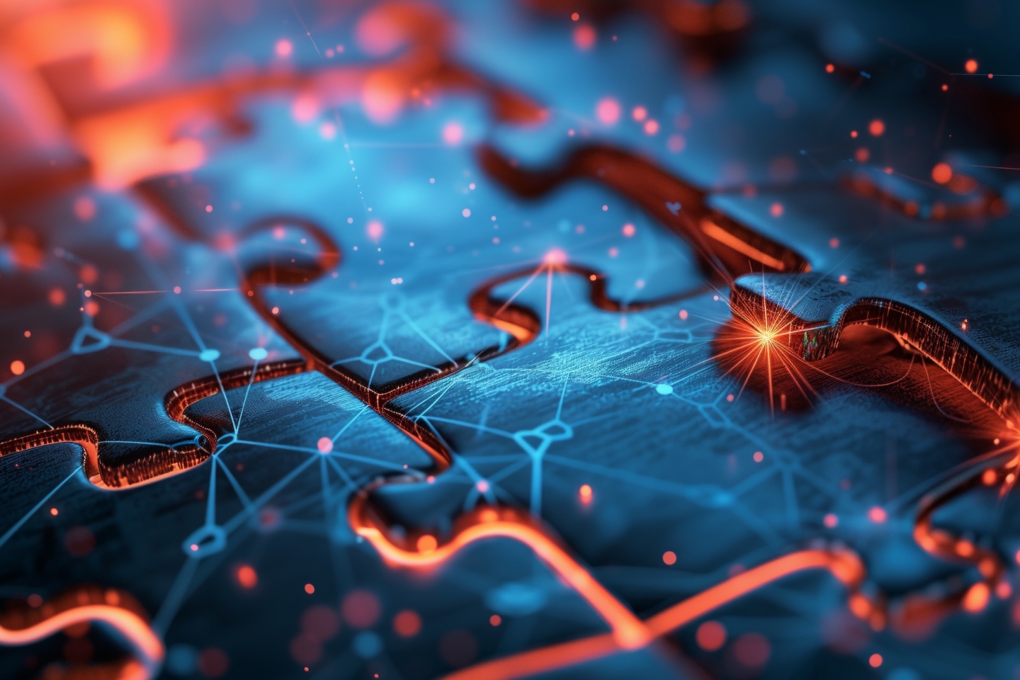 Abstract image of red and blue puzzle pieces with a vibrant network